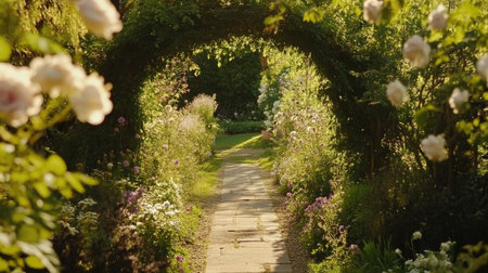 A garden archway adorned with climbing roses in full bloom, creating a romantic and inviting entrance.の素材