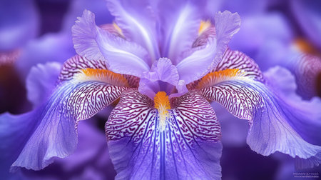 A close-up of a blooming iris flower with its intricate patterns and rich purple hues, symbolizing wisdom and valor.の素材