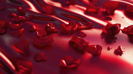 A high-resolution shot of red rose petals scattered on a red satin sheet, creating a romantic and luxurious ambiance.の素材