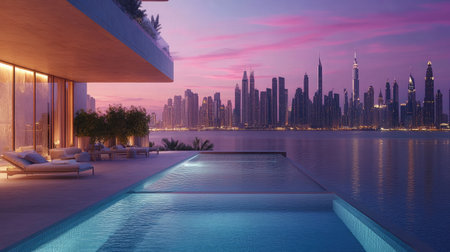 A luxurious infinity pool on a rooftop, offering panoramic city skyline views at sunset, with ambient underwater lighting creating a serene atmosphere.の素材