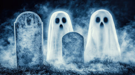 A foggy, moonlit graveyard with ancient, crumbling tombstones and ghostly apparitions drifting among the graves.の素材