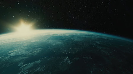 A high-definition image of Earth's horizon from space, with the curvature of the planet visible against the backdrop of a star-filled cosmos.の素材