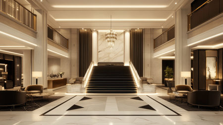 An elegant hotel lobby with Art Deco influences, highlighting geometric patterns, metallic accents, and a grand staircase leading to the upper floors.の素材