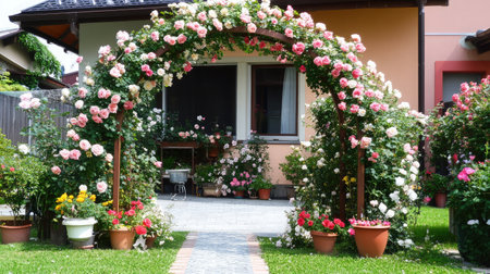 A garden archway adorned with climbing roses in full bloom, creating a romantic and inviting entrance.の素材