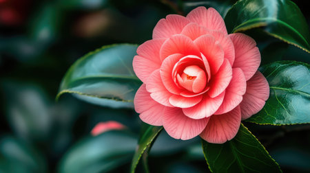 A close-up of a blooming camellia flower with its delicate pink petals and glossy green leaves.の素材