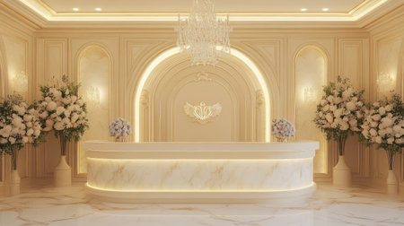 An elegant hotel reception area showcasing a curved marble counter, illuminated by a crystal chandelier, and flanked by tall floral displays.の素材