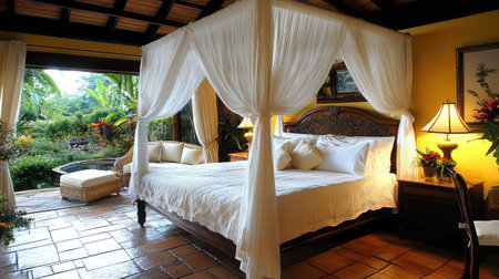 A luxurious hotel suite featuring a king-size four-poster bed with plush white linens, elegant drapery, and a seating area overlooking a landscaped garden.の素材