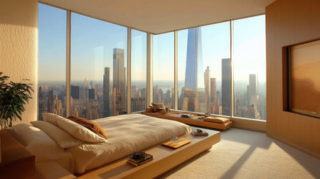 A modern hotel room with a minimalist design, showcasing a queen-size platform bed, floor-to-ceiling windows with cityscape views, and sleek wooden furnishings.の素材