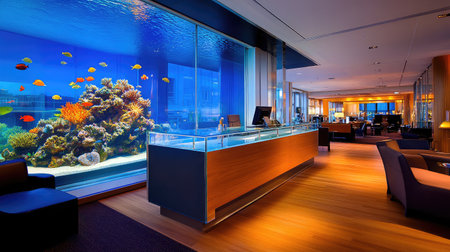 A modern hotel reception area showcasing a floating glass desk, set against a backdrop of a large aquarium filled with colorful marine life.の素材