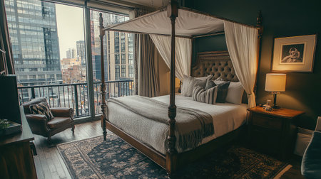 A boutique hotel room featuring a queen-size canopy bed draped with sheer curtains, vintage furniture, and a balcony overlooking a bustling city street.の素材