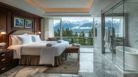 A luxurious hotel suite with a king-size bed, a marble bathroom featuring a walk-in shower, and floor-to-ceiling windows offering stunning mountain views.の素材
