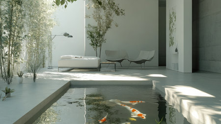 A serene hotel lobby with Zen-inspired design, featuring minimalist furniture, natural materials, and a small indoor koi pond enhancing tranquility.の素材