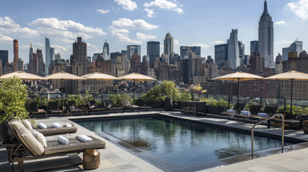 A rooftop hotel pool overlooking a bustling urban landscape, with stylish sun loungers and umbrellas arranged neatly around the deck.の素材