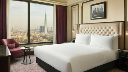 A serene hotel room decorated in soft pastels, showcasing a king-size bed with a padded headboard, a cozy reading nook by the window, and ambient bedside lighting.の素材