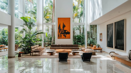 A modern hotel lobby with minimalist design, showcasing sleek furniture, large windows allowing natural light, and contemporary art pieces adorning the walls.の素材