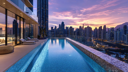 A luxurious infinity pool on a rooftop, offering panoramic city skyline views at sunset, with ambient underwater lighting creating a serene atmosphere.の素材