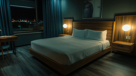 A serene hotel room decorated in earthy tones, showcasing a king-size bed with natural linen bedding, a writing desk by the window, and soft ambient lighting.の素材