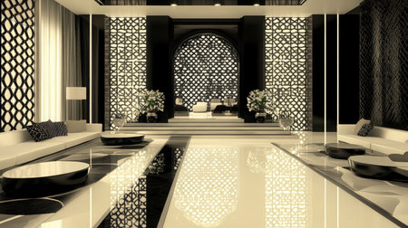 A modern hotel lobby with a monochromatic color scheme, highlighting sleek black and white furniture, minimalist decor, and geometric patterns.の素材