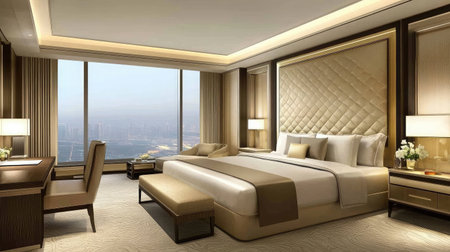 A serene hotel room decorated in neutral tones, showcasing a king-size bed with tufted headboard, a writing desk by the window, and soft ambient lighting.の素材