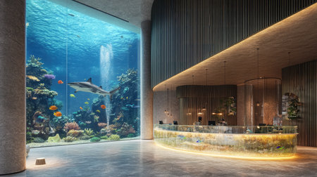 A modern hotel reception area showcasing a floating glass desk, set against a backdrop of a large aquarium filled with colorful marine life.の素材