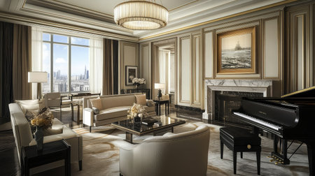 An opulent hotel suite featuring a grand piano, luxurious fabrics, and a marble fireplace, creating an atmosphere of refined elegance.の素材