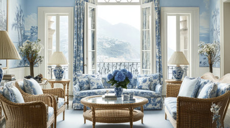 A charming hotel suite decorated in coastal hues, featuring wicker furniture, nautical-themed accents, and French doors leading to a balcony with sea breezes.の素材
