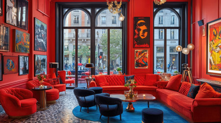 A chic hotel bistro with contemporary art on the walls, intimate seating arrangements, and large windows overlooking a vibrant street scene.の素材