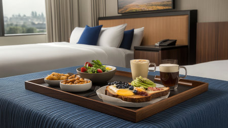 A contemporary hotel room with a vegan breakfast spread, including avocado toast, smoothie bowl, and herbal tea on a wooden tray.の素材