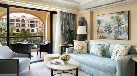 A charming hotel suite decorated in pastel tones, featuring floral patterns, vintage-inspired furnishings, and large windows with garden views.の素材