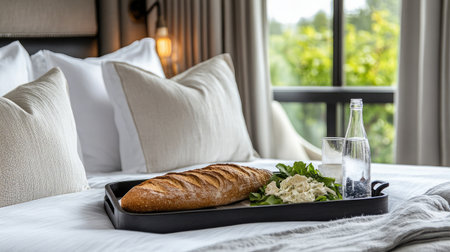 A chic urban hotel suite featuring a room service tray with a Caesar salad, sparkling water, and a fresh baguette on a marble table.の素材