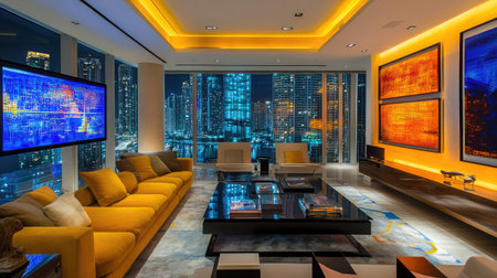 A contemporary high-rise apartment's living room with a glass wall revealing a vibrant city at night, sleek modern furniture, and artistic accents.の素材