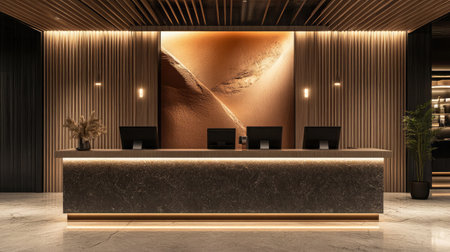 A contemporary hotel reception area with a wooden desk and granite countertop, set against a backdrop of abstract art.の素材