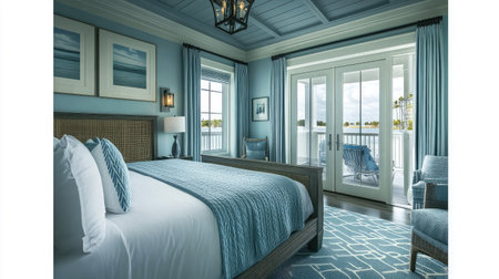 A charming hotel suite decorated in coastal hues, featuring wicker furniture, nautical-themed accents, and French doors leading to a balcony with sea breezes.の素材