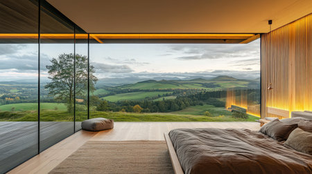 A contemporary bedroom with a glass wall providing a panoramic view of rolling hills and a distant mountain range, decorated in neutral tones.の素材