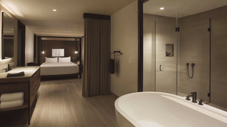A contemporary hotel suite showcasing an open-plan bathroom with a freestanding tub, double vanity, and a glass-enclosed rain shower.の素材