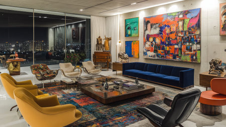 A contemporary high-rise apartment's living room with a glass wall revealing a vibrant city at night, sleek modern furniture, and artistic accents.の素材