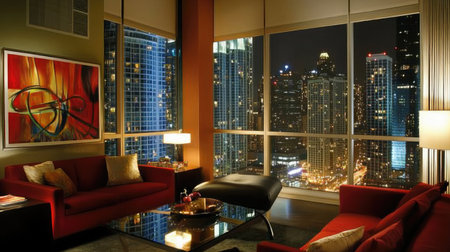 A contemporary high-rise apartment's living room with a glass wall revealing a vibrant city at night, sleek modern furniture, and artistic accents.の素材