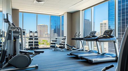 A hotel gym featuring state-of-the-art cardio machines, free weights neatly organized, and mirrors lining the walls.の素材