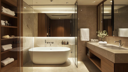 A contemporary hotel suite showcasing an open-plan bathroom with a freestanding tub, double vanity, and a glass-enclosed rain shower.の素材