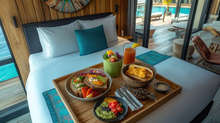 A contemporary hotel room with a vegan breakfast spread, including avocado toast, smoothie bowl, and herbal tea on a wooden tray.の素材