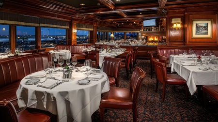 A contemporary hotel steakhouse with dark wood accents, leather seating, and an open grill visible to diners.の素材