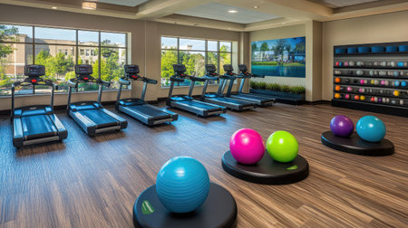 A hotel fitness center showcasing a selection of balance and stability equipment, including BOSU balls and balance boards.の素材