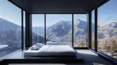 A contemporary hotel suite showcasing a minimalist design with a platform bed, built-in storage solutions, and floor-to-ceiling windows offering mountain views.の素材