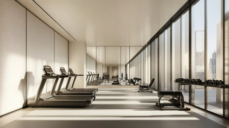 A hotel fitness center featuring a clean, minimalist design with sleek black and white equipment and large mirrors.の素材