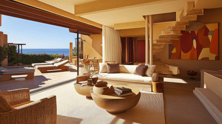 A contemporary hotel suite featuring an open-plan layout with a cozy seating area, abstract artwork on the walls, and a private balcony with ocean views.の素材