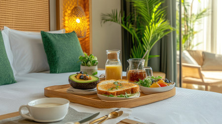 A contemporary hotel room with a vegan breakfast spread, including avocado toast, smoothie bowl, and herbal tea on a wooden tray.の素材