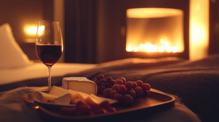 A cozy hotel suite with a fireplace, where a tray of assorted cheeses, fruits, and a glass of red wine awaits on the coffee table.の素材