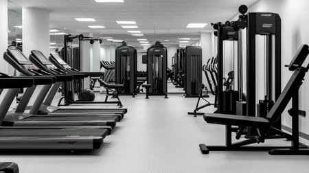 A hotel fitness center featuring a clean, minimalist design with sleek black and white equipment and large mirrors.の素材