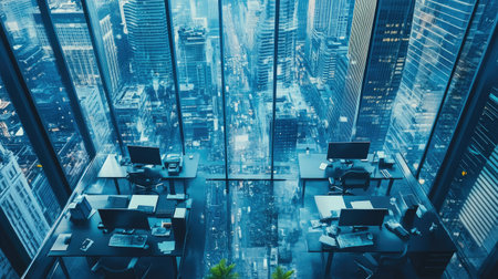 A contemporary office space with a glass wall providing an aerial view of a bustling metropolis, furnished with sleek desks and ergonomic chairs.の素材