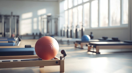 A hotel fitness center highlighting a selection of Pilates equipment, including reformers and stability balls, in a bright, airy space.の素材